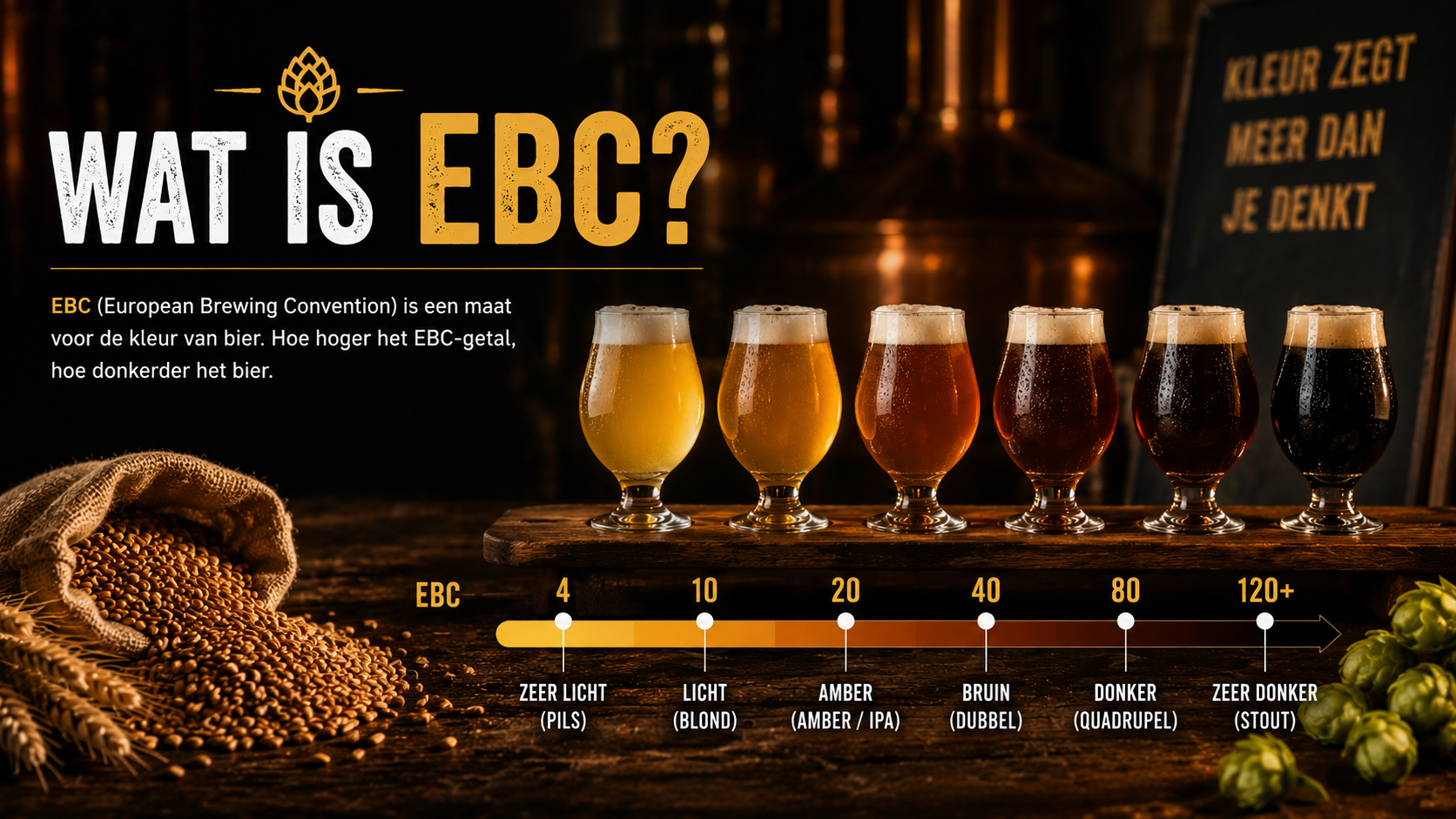 Infographic: Wat is EBC bierkleur? Zes bierglazen op een rij van lichtgeel (EBC 4, pils) via amber (EBC 20) en bruin (EBC 40) naar pikzwart (EBC 120+, stout), met de EBC-schaal eronder.