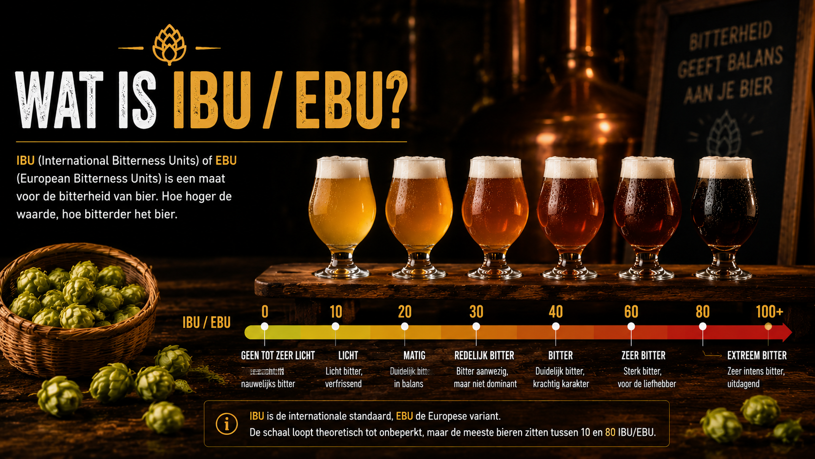 Infographic: Wat is IBU/EBU bitterheid? Zeven bierglazen van lichtgeel naar donkerbruin op een rij, met daaronder een schaal van 0 tot 100+ IBU/EBU — van geen tot zeer licht bitter via matig en bitter naar extreem bitter.
